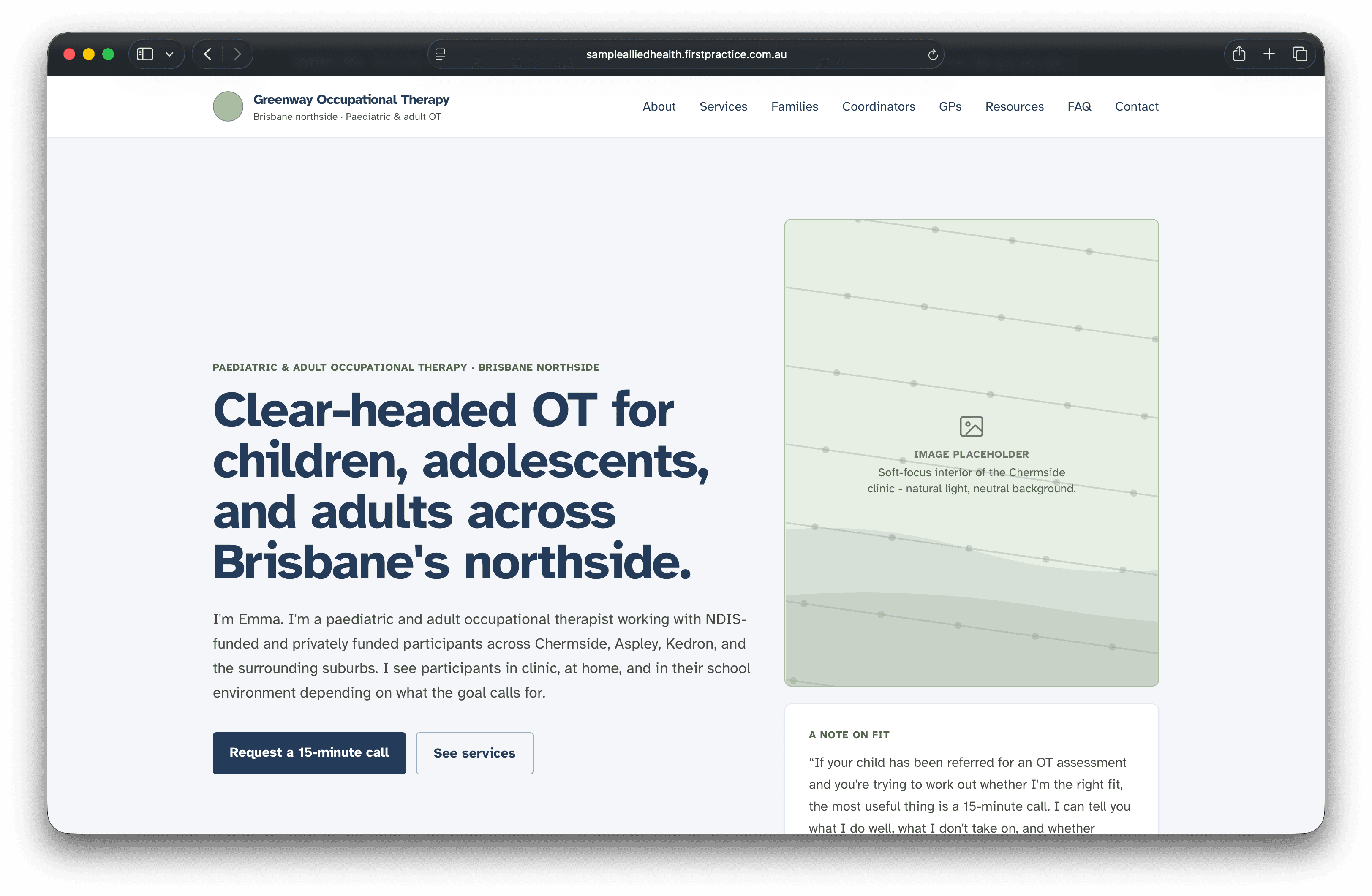 Homepage of Greenway Occupational Therapy, a sample First Practice site
