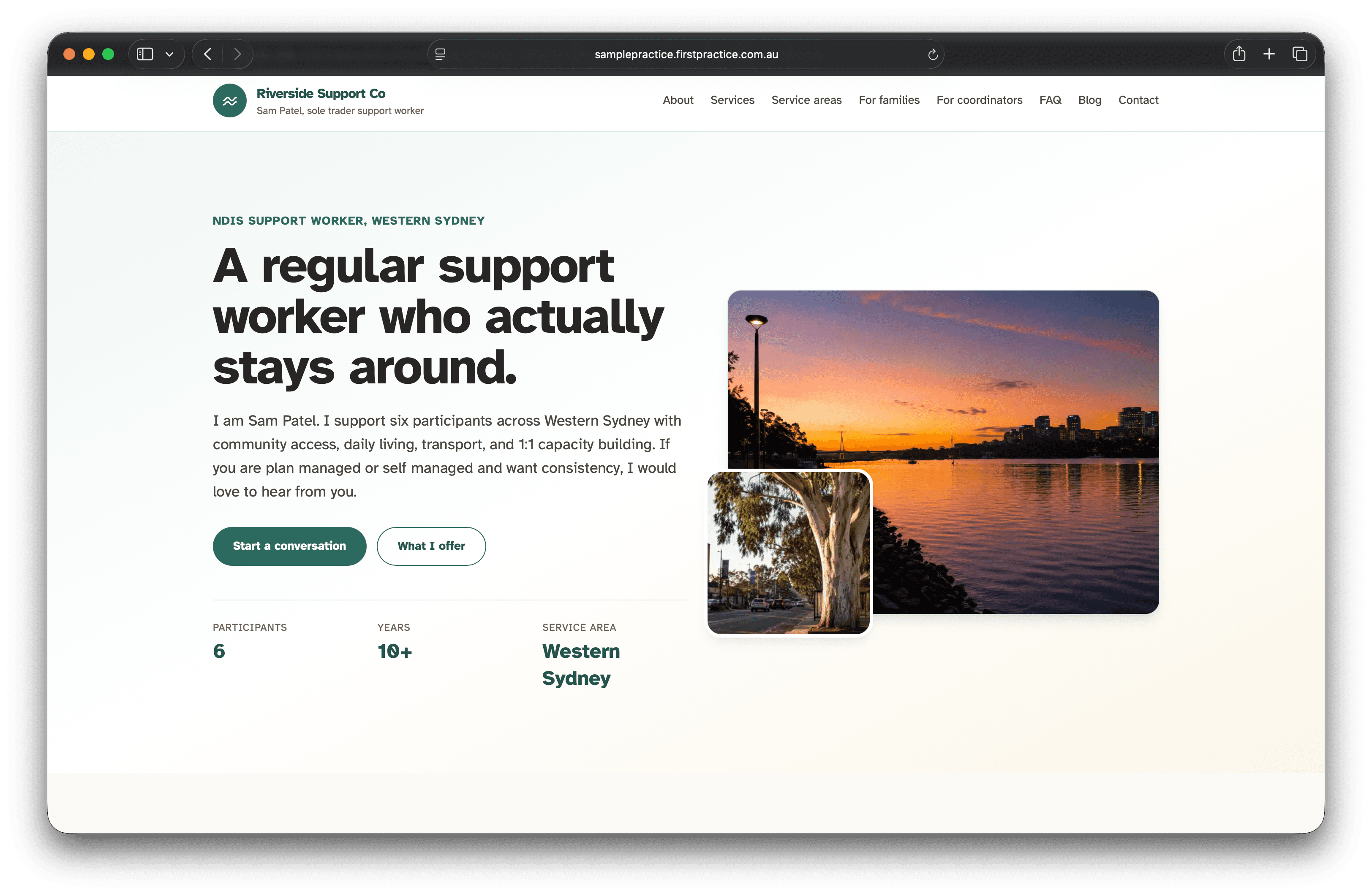 Homepage of Riverside Support Co, a sample First Practice site